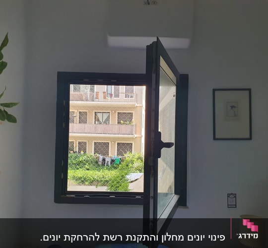 חלון פתוח עם רשת מגן נגד יונים